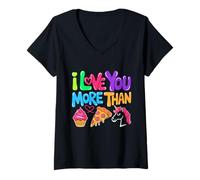 Mujer Te amo más que la pizza de los cupcakes de unicornios Camiseta Cuello V