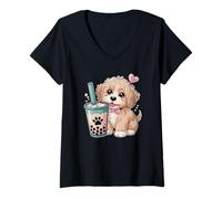Mujer Té Boba Kawaii con diseño de té con leche de burbujas lindo cachorro Camiseta Cuello V