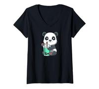 Mujer Té De Burbujas con Pandita Adorable Camiseta Cuello V