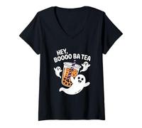 Mujer Té Hey Boba Tea Cute Boo Bubble Milk Tea para Halloween Camiseta Cuello V