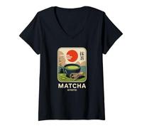Mujer Té Matcha Japan Kyoto Retro Kanji Japonés Souvenir Camiseta Cuello V