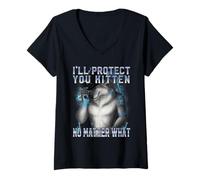 Mujer Te protegeré Gatito no Importa qué Meme de Hombre Lobo Encogido Camiseta Cuello V