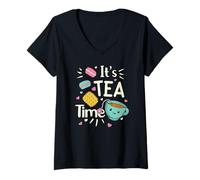Mujer Tea Lovers - Taza de té Kawaii para Amantes del té, Galletas, macarrones, Fiesta de té Camiseta Cuello V
