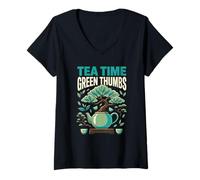Mujer Tea Time Green Thumbs - Amante de la jardinería Camiseta Cuello V
