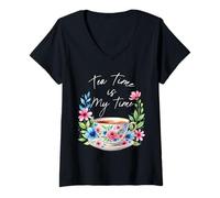 Mujer Tea Time is My Time - Taza de té con acuarela floral relajante Camiseta Cuello V