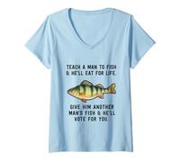 Mujer Teach A Man To Fish - Cita inspiradora, Color Azul Jaspeado Camiseta Cuello V