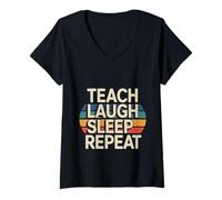 Mujer Teach Laugh Sleep Repeat Educador escolar de maestros - Camiseta Cuello V