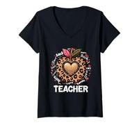 Mujer Teacher Life Leopard Apple Día del Maestro Regreso a la Escuela Camiseta Cuello V