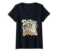 Mujer Teaching My Little Boos Cute Halloween Espeluznante Fantasma Maestro Camiseta Cuello V
