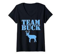 Mujer Team Buck Boy Baby Shower - Fiesta de revelación de género Azul Divertida Camiseta Cuello V