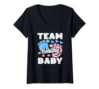 Mujer Team Healthy Baby - Fiesta de revelación de género, Color Rosa Neutro y Azul Camiseta Cuello V