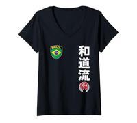 Mujer Team Karate Wado Ryu Brazil Flag Kanji Japanese Martial Arts Camiseta Cuello V