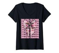 Mujer Teatro Maestro Drama Maestro Drama Enseñanza Teatro Máscara Camiseta Cuello V