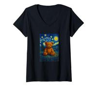 Mujer Teddy Bear on Starry Night Painting Illustration Graphic Camiseta Cuello V