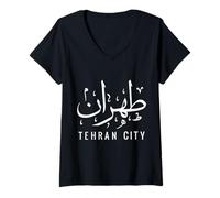 Mujer Teherán Irán Caligrafía Persa Farsi Iraní Vintage Teherán Camiseta Cuello V