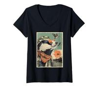 Mujer Tejón con Gafas de Sol Cazador de Patos Retro Atardecer Camiseta Cuello V