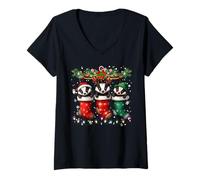 Mujer Tejón de Miel en Calcetines de Navidad Luces Tejón de Miel Navidad Camiseta Cuello V