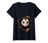 Mujer Tela de oposición divertida de zarigüeya rasgada Camiseta Cuello V