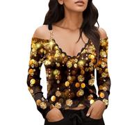 Mujer Temperamento Bohemio Estampado Cuello en V Metal Brote Seda Condole Cinturón Hombro Descubierto Camiseta Manga Larga Blusa Mujer Negro Elegante, naranja, S