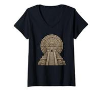 Mujer Templo Maya Pirámide Solar Disco Antiguo Piedra Reliquia Arte Camiseta Cuello V