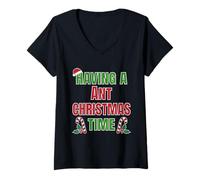 Mujer Tener una Hormiga Navidad Tiempo Familiar Reunión Nombre Camiseta Cuello V