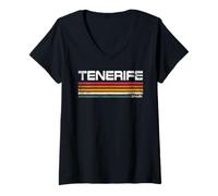 Mujer Tenerife España Retro Palmera Atardecer Playa Tropical Camiseta Cuello V