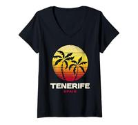 Mujer Tenerife Retro Palmera Atardecer Playa Tropical Camiseta Cuello V