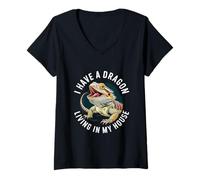 Mujer Tengo Un Dragón Viviendo En Mi Casa Dragón Barbudo Pogona Camiseta Cuello V