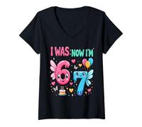 Mujer Tenía 6 años Ahora Tengo 7 Unicornio Séptima Fiesta de Camiseta Cuello V
