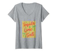 Mujer Tequila Lima Sal Mexicano Cinco de Mayo Retro Rayado Camiseta Cuello V