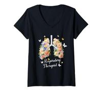 Mujer Terapeuta Respiratorio Terapia Pulmón Día de Pascua Flor Primavera Camiseta Cuello V