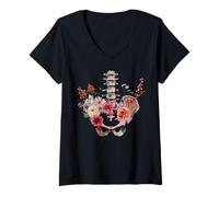 Mujer Terapia física quiropráctica del suelo pélvico floral Anatomía Camiseta Cuello V