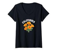 Mujer Texto envejecido de California con amapolas de acuarela Camiseta Cuello V