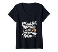 Mujer Thankful Blessed and Dressed in Stretch Pants Thanksgiving Camiseta Cuello V