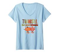 Mujer Thankful For Good Friends Fall Pumpkin Leaf BFF Acción de Gracias Camiseta Cuello V