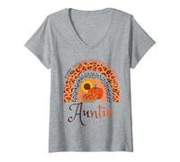Mujer Thankful Grateful & Blessed Auntie Calabaza Leopardo Arco Iris Camiseta Cuello V