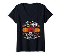Mujer Thankful Grateful & Blessed - Día de Acción de Gracias Otoño Vacaciones Camiseta Cuello V