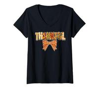 Mujer Thankful Patchwork Tipografía de otoño con gráfico de Lazo Camiseta Cuello V