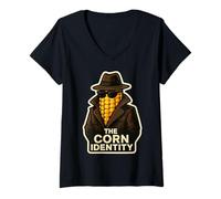 Mujer The Corn Identity Funny Corncob Juego de Palabras Broma de espía de mazorca de maíz Camiseta Cuello V