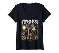 Mujer The Cross Is My Shield Christian Warrior Design Armor of God Camiseta Cuello V