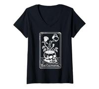 Mujer The Cultivator Macabro Tarot Card Skull Planter Botánica Camiseta Cuello V