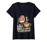 Mujer The Early Bird Gets Coffee The Worm Can Wait |- Camiseta Cuello V