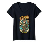 Mujer The First Coder Ada Lovelace Steampunk Tech Codificación gráfica Camiseta Cuello V