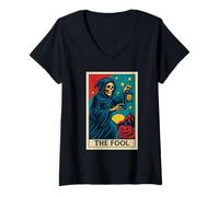 Mujer The Fool Tarot Carta, gótico Halloween Grim Reaper Ocult Camiseta Cuello V
