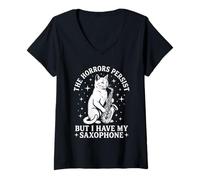 Mujer The Horrors Persist Funny Cat Saxofonista Camiseta Cuello V
