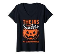 Mujer The IRS Wants My Quest Reward Candy Calabaza Tallada de Halloween Camiseta Cuello V