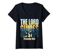 Mujer The Lord Guides Our Steps Proverbios 16:9 Versículo de la Biblia Camiseta Cuello V