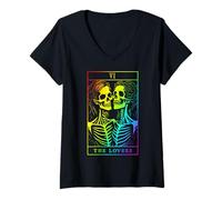 Mujer The Lovers Tarot Card Oculto Goth Lesbianas Esqueleto Halloween Camiseta Cuello V
