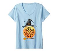 Mujer The Moon Made Me Do It Witches Sombrero Escoba Halloween Camiseta Cuello V