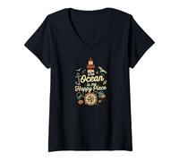 Mujer The Ocean Is My Happy Place Lighthouse Nautical Design Camiseta Cuello V
